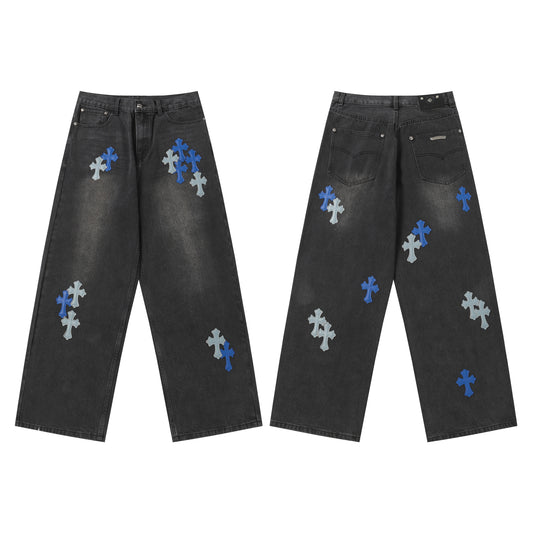 Chrome Hearts Grey & Blue Leather Cross Patches Jeans
