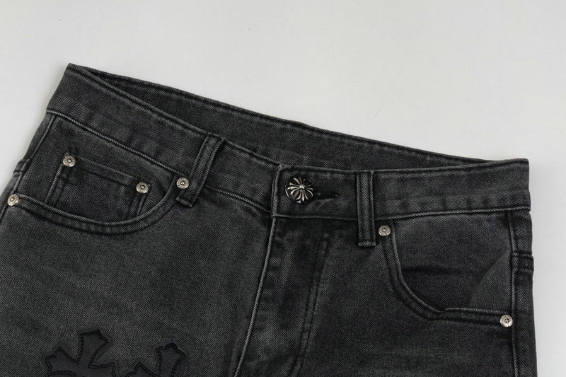 Chrome Hearts Black & White Cross Patch Flame Knee Jeans