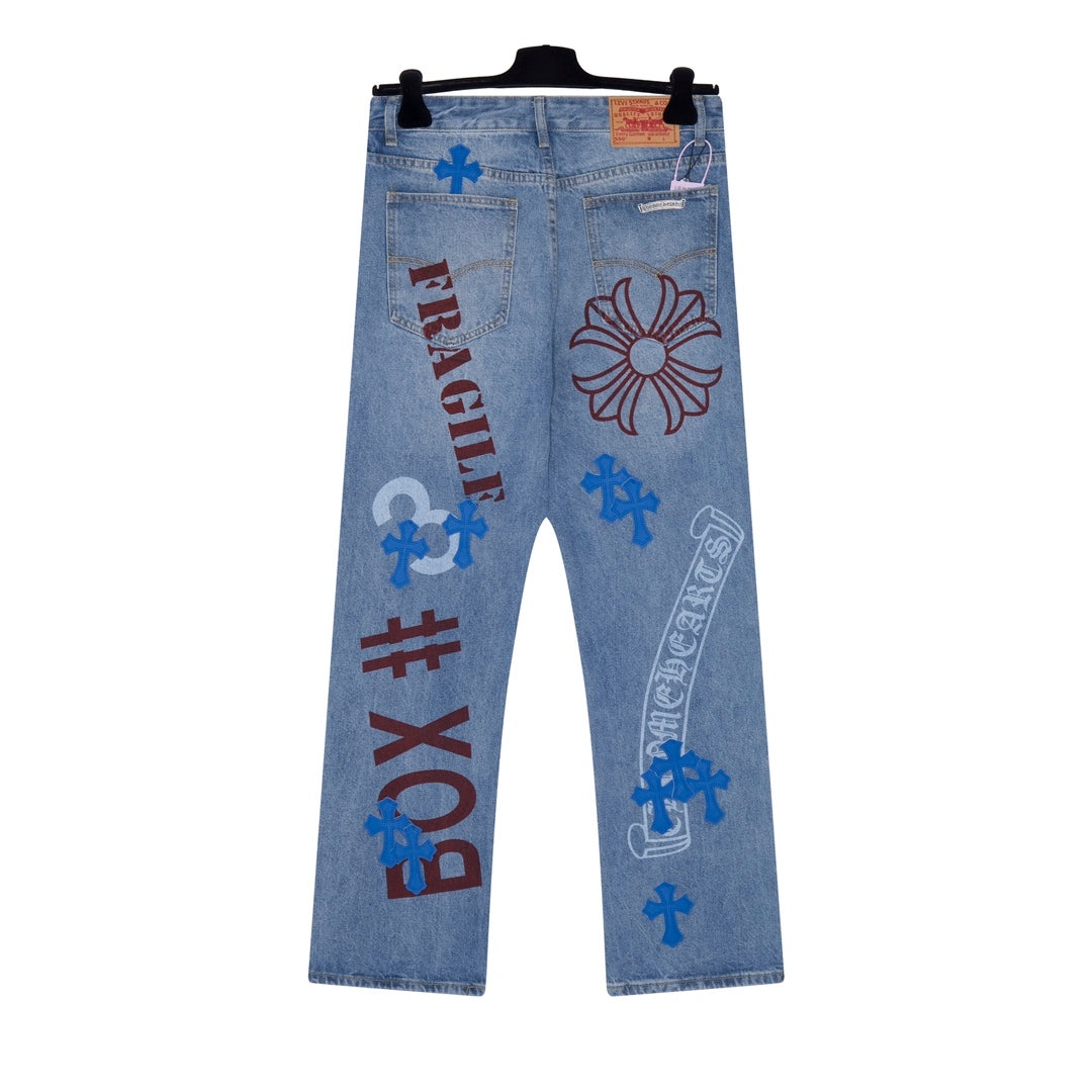 Chrome Hearts Extremely Rare Blue Cross Patch Spraypainted Jeans