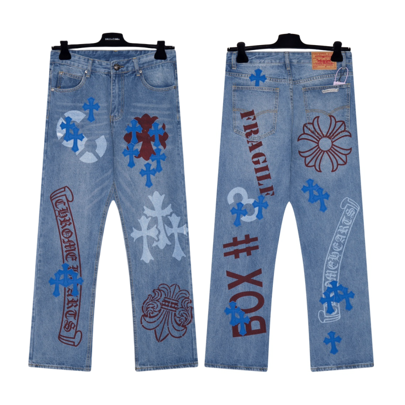 Chrome Hearts Extremely Rare Blue Cross Patch Spraypainted Jeans