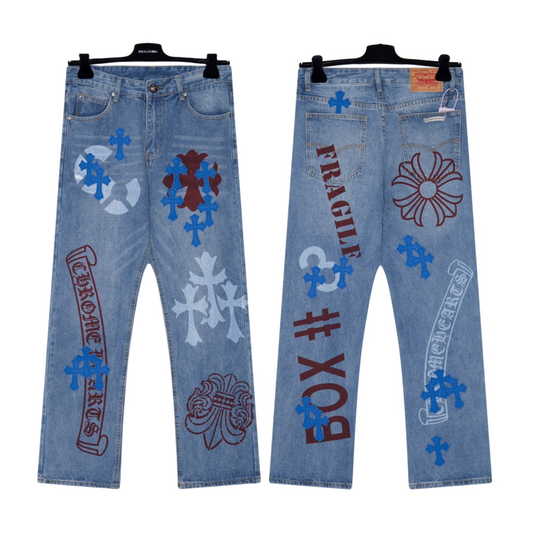 Chrome Hearts Extremely Rare Blue Cross Patch Spraypainted Jeans