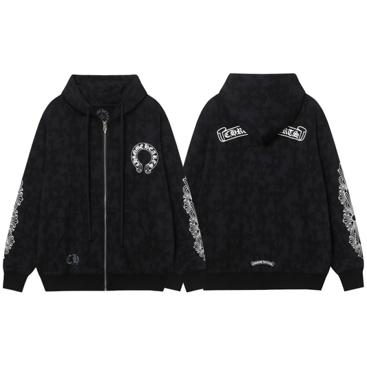 Chrome Hearts Black Tonal Monogram Scroll Horseshoe Logo Zip Up Hoodie 9818