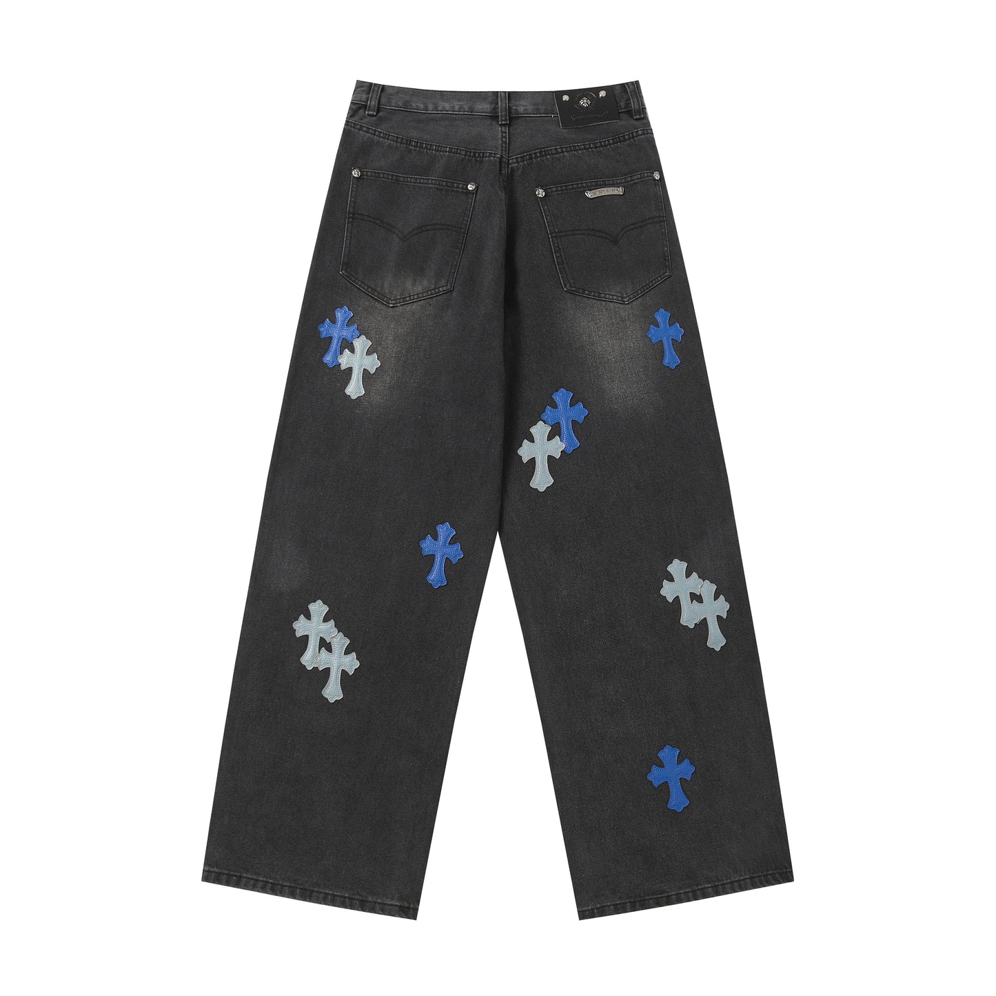 Chrome Hearts Grey & Blue Leather Cross Patches Jeans