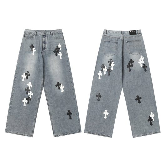 Chrome Hearts White & black Leather Cross Patches Jeans