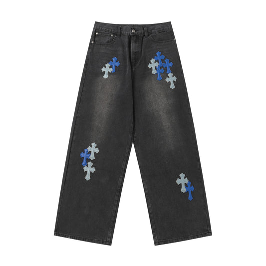 Chrome Hearts Grey & Blue Leather Cross Patches Jeans