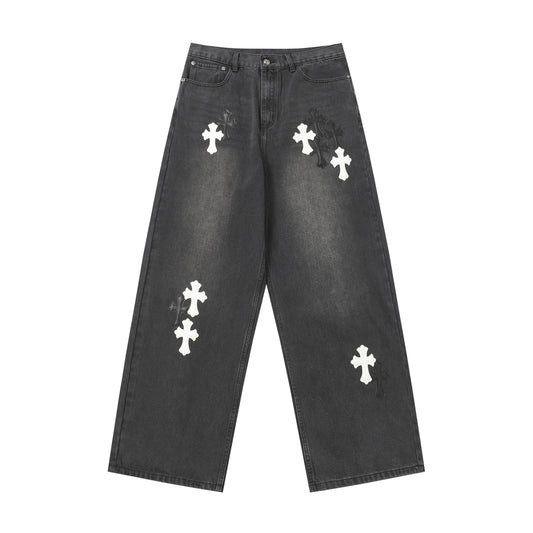 Chrome Hearts White & Black Leather Cross Patches Jeans