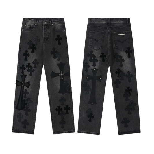 Chrome Hearts Black & Grey Silver Cross Patch Jeans