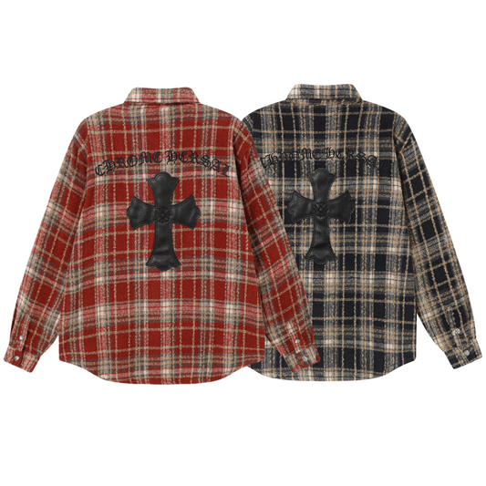 Chrome Hearts Embroidered Leather Cross Detail Flannel Shirt