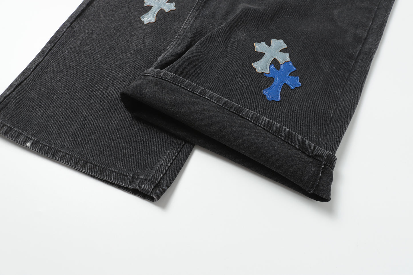 Chrome Hearts Grey & Blue Leather Cross Patches Jeans