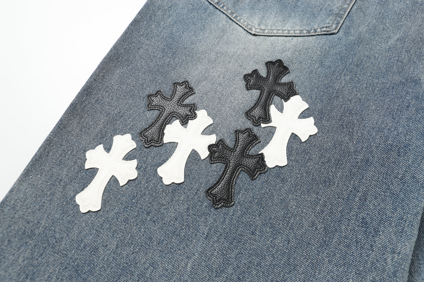 Chrome Hearts White & black Leather Cross Patches Jeans