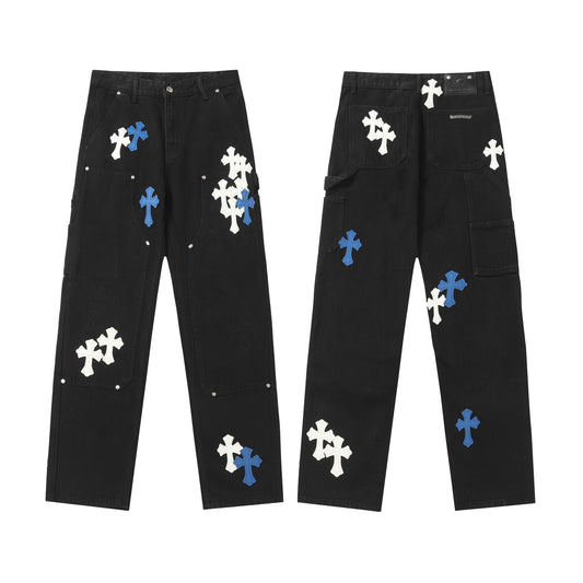 Chrome Hearts White & Blue Leather Cross Patches Jeans