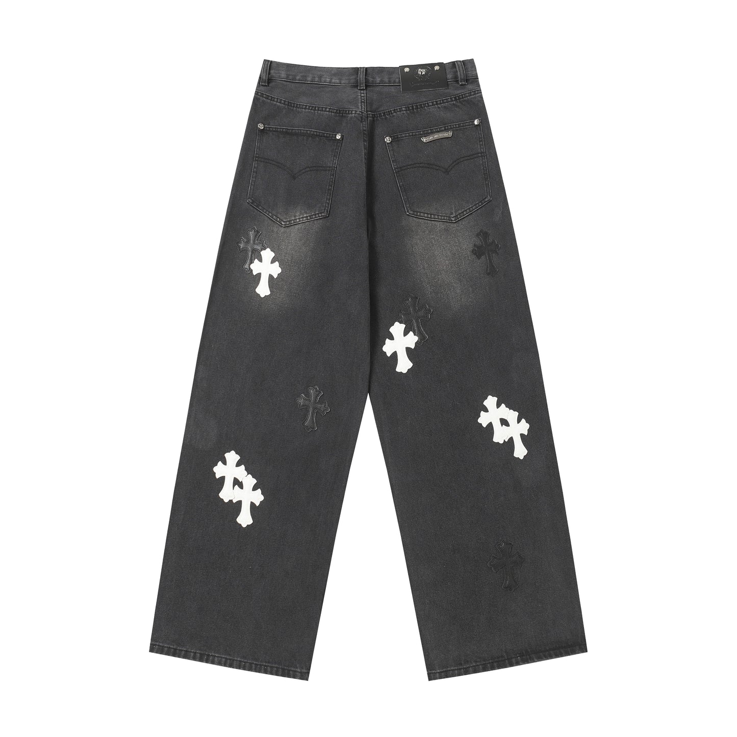 Chrome Hearts White & Black Leather Cross Patches Jeans