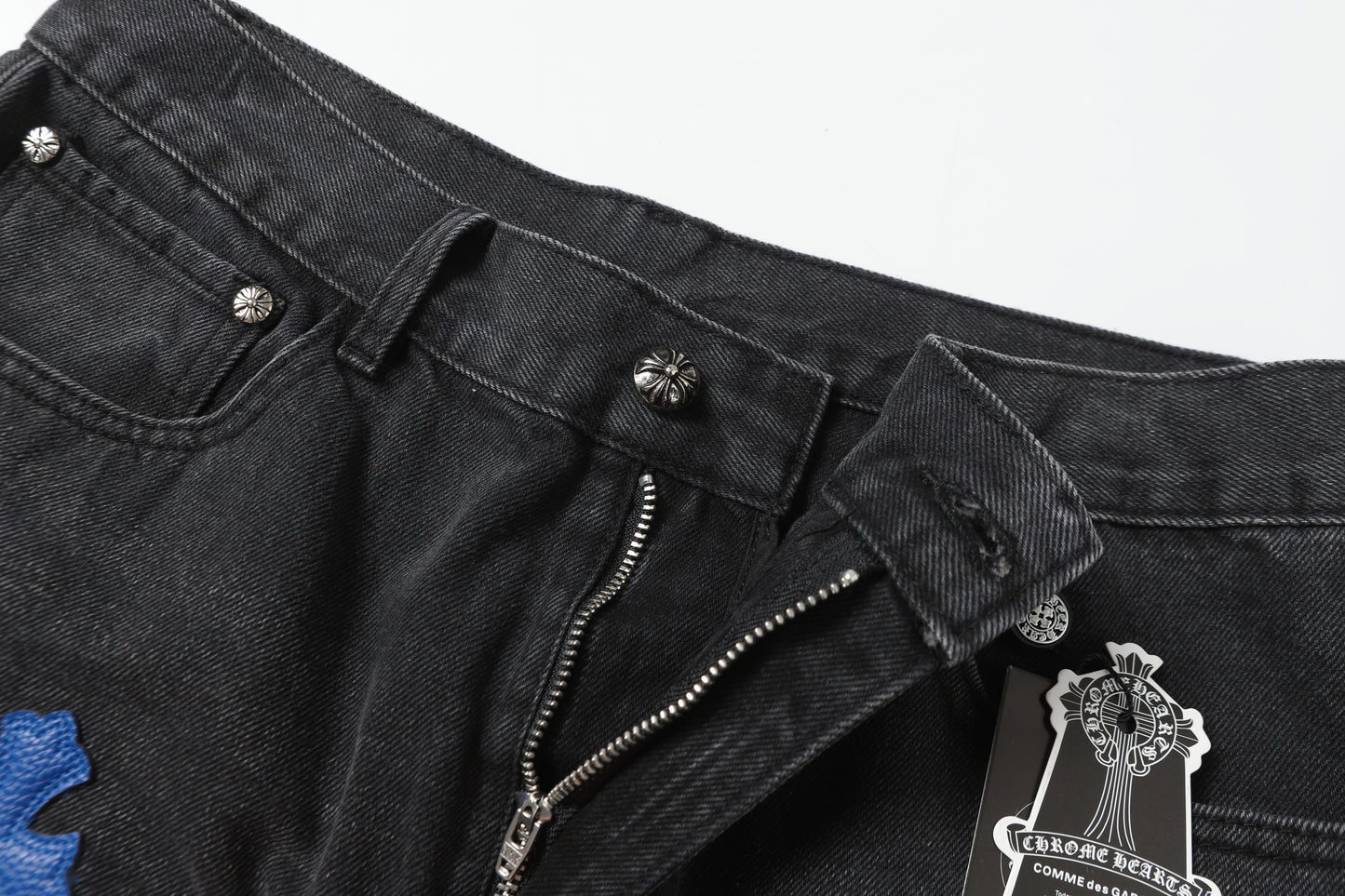 Chrome Hearts Grey & Blue Leather Cross Patches Jeans