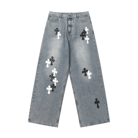 Chrome Hearts White & black Leather Cross Patches Jeans