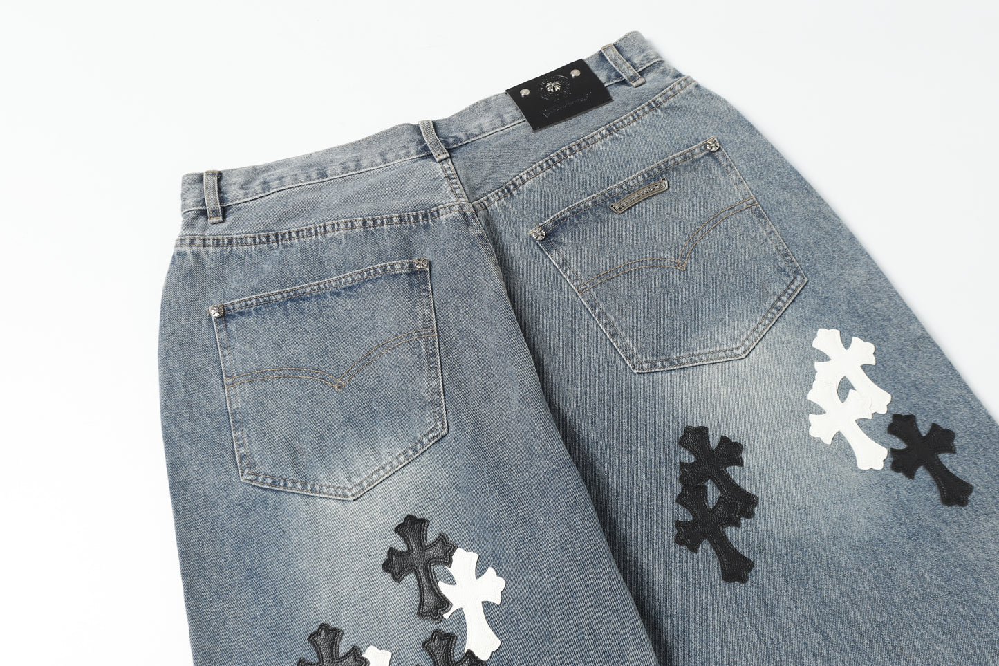 Chrome Hearts White & black Leather Cross Patches Jeans
