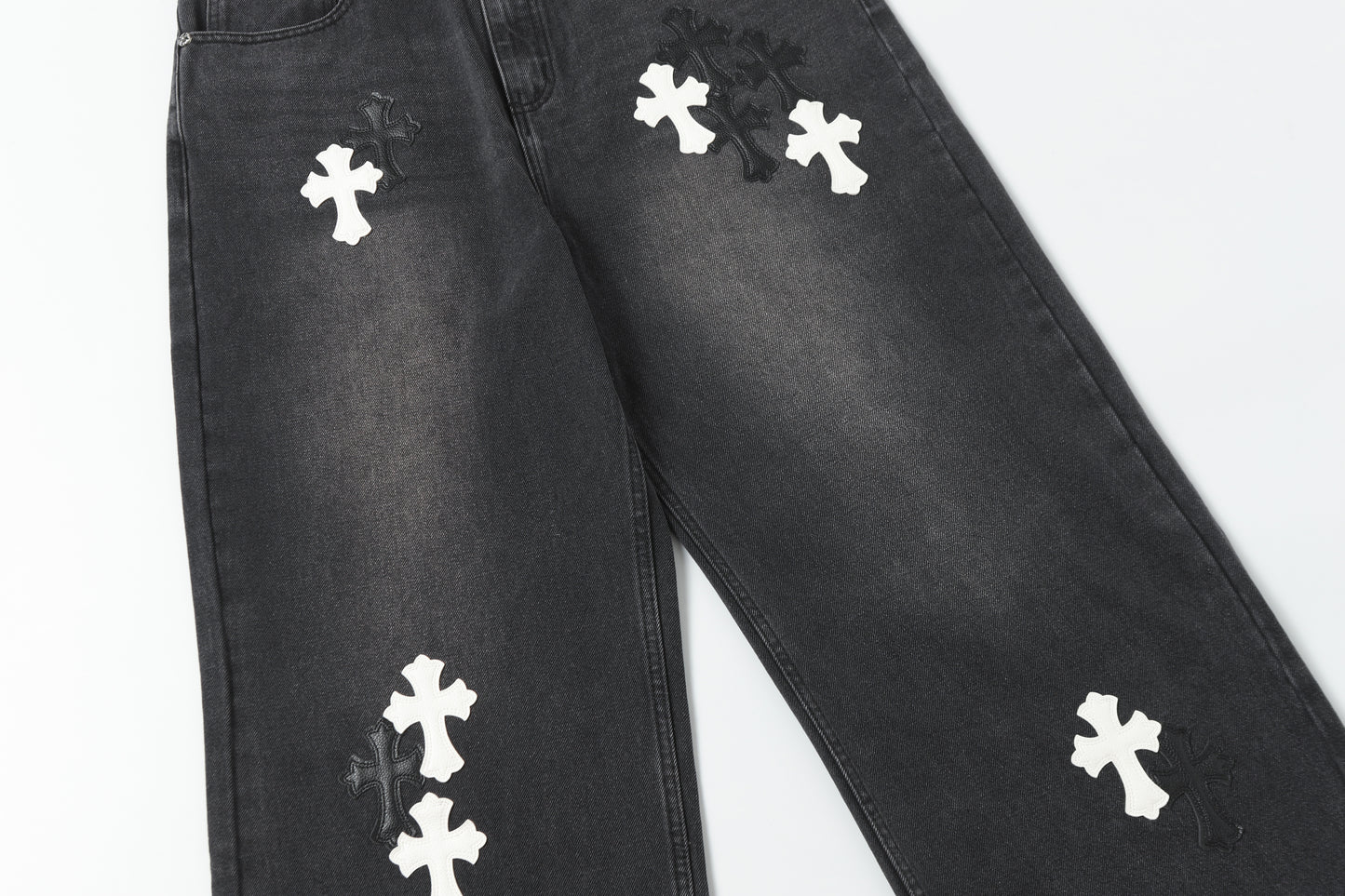 Chrome Hearts White & Black Leather Cross Patches Jeans