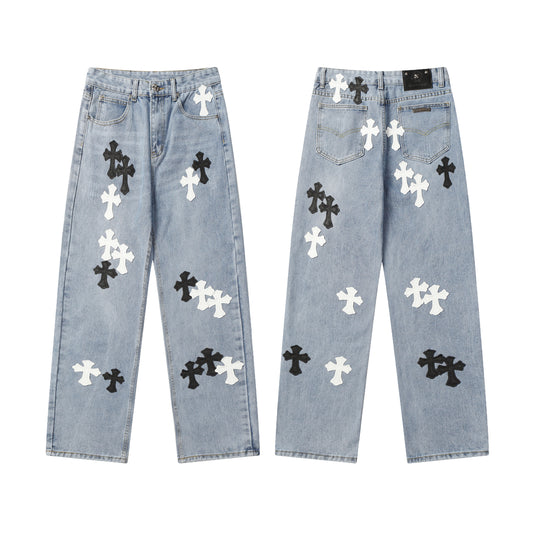 Chrome Hearts White & Black Cross Patch Jeans 9960