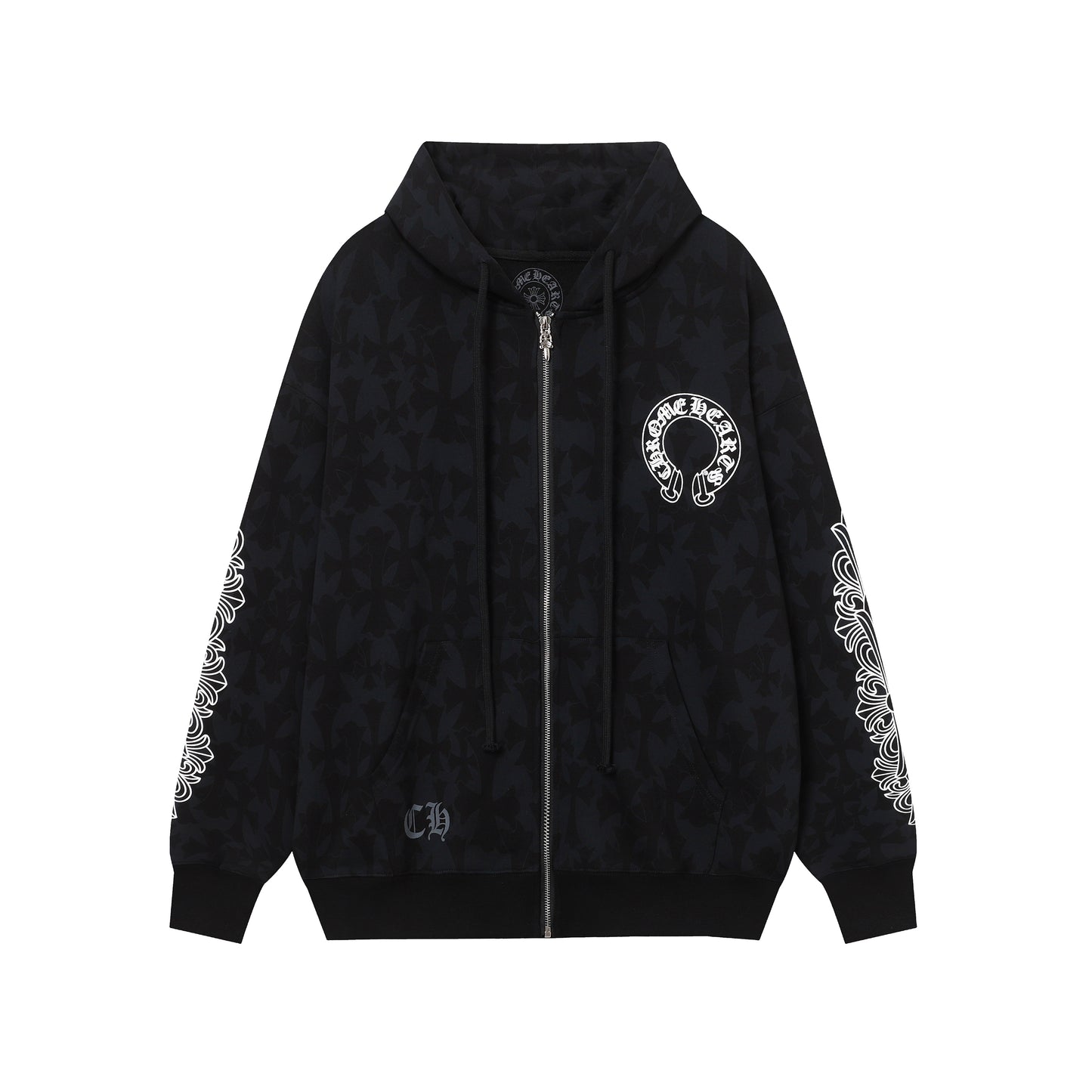 Chrome Hearts Black Tonal Monogram Scroll Horseshoe Logo Zip Up Hoodie 9818