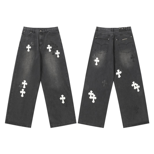 Chrome Hearts White & Black Leather Cross Patches Jeans