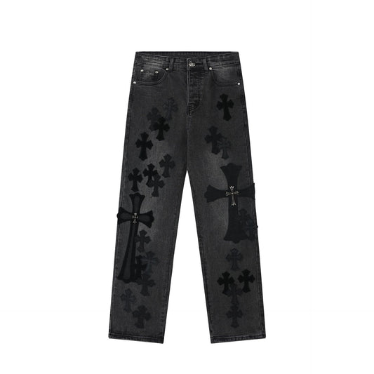 Chrome Hearts Black & Grey Silver Cross Patch Jeans