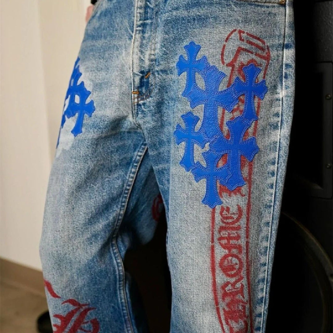 Chrome Hearts Extremely Rare Blue Cross Patch Spraypainted Jeans