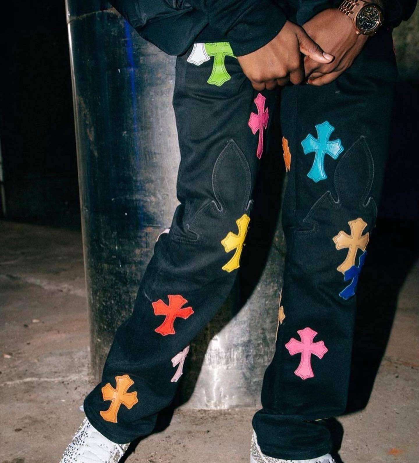 Chrome Hearts Color & Patches Flame Knee Jeans