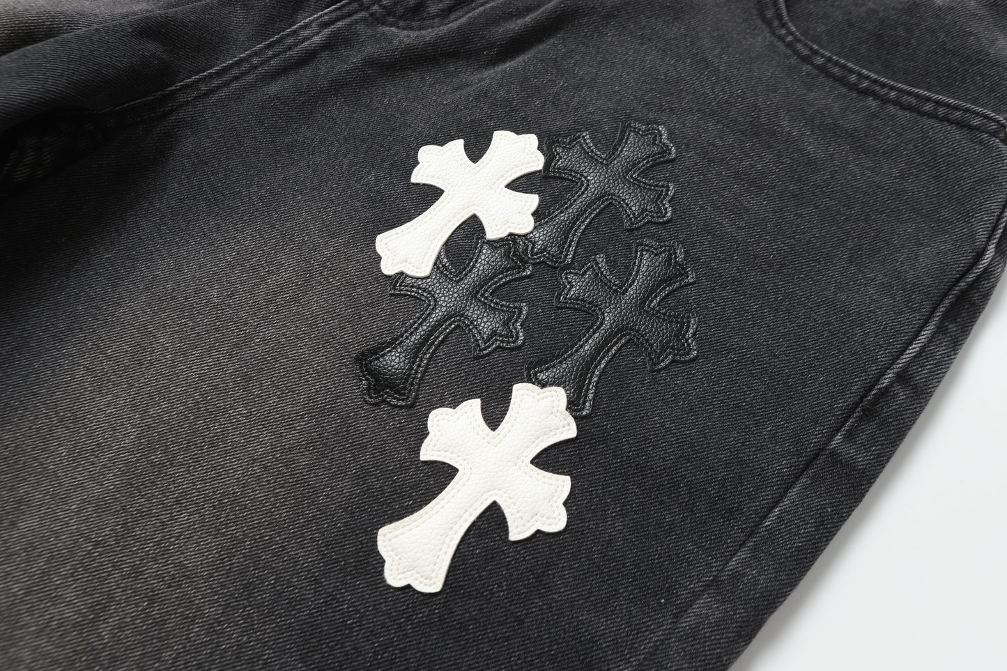 Chrome Hearts White & Black Leather Cross Patches Jeans