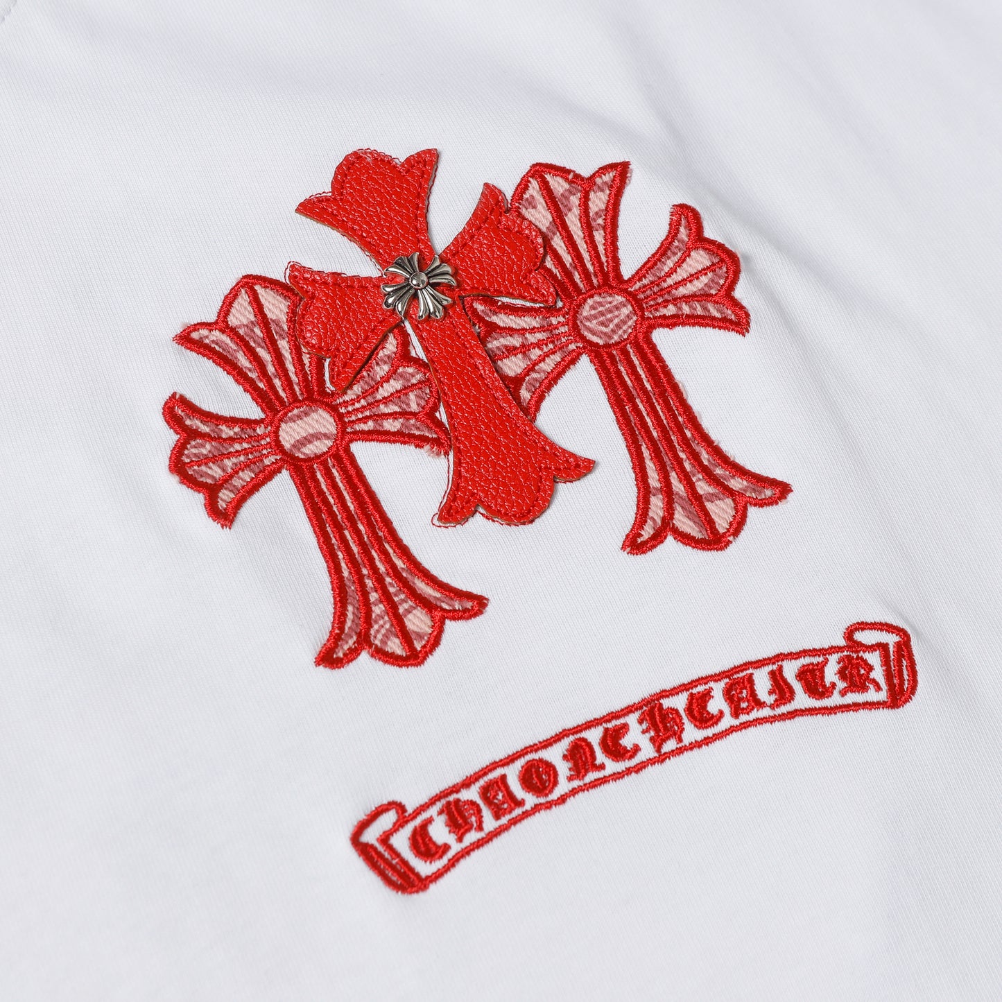 Chrome Hearts Leather Accent Metal Cross/Horseshoe Graphic Tee 2266