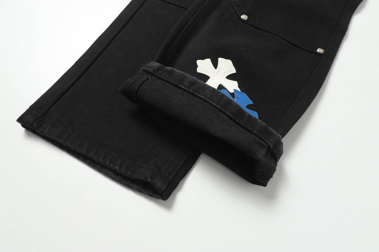 Chrome Hearts White & Blue Leather Cross Patches Jeans