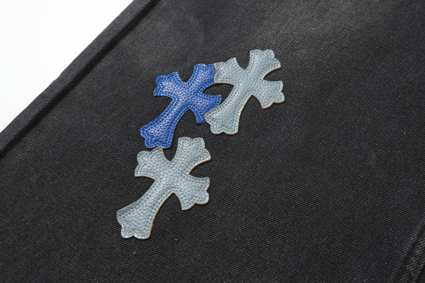 Chrome Hearts Grey & Blue Leather Cross Patches Jeans