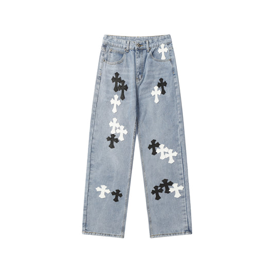 Chrome Hearts White & Black Cross Patch Jeans 9960