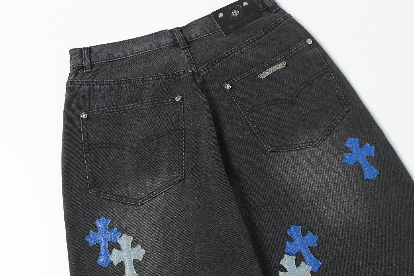 Chrome Hearts Grey & Blue Leather Cross Patches Jeans