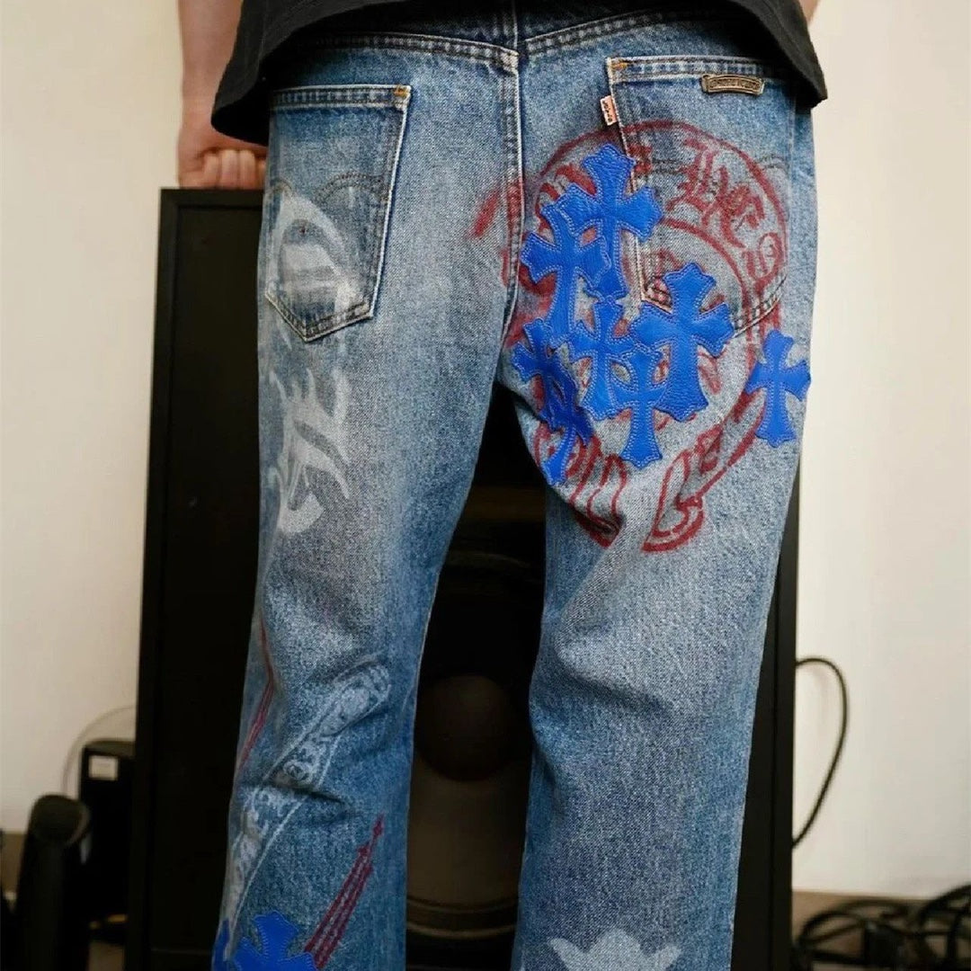 Chrome Hearts Extremely Rare Blue Cross Patch Spraypainted Jeans