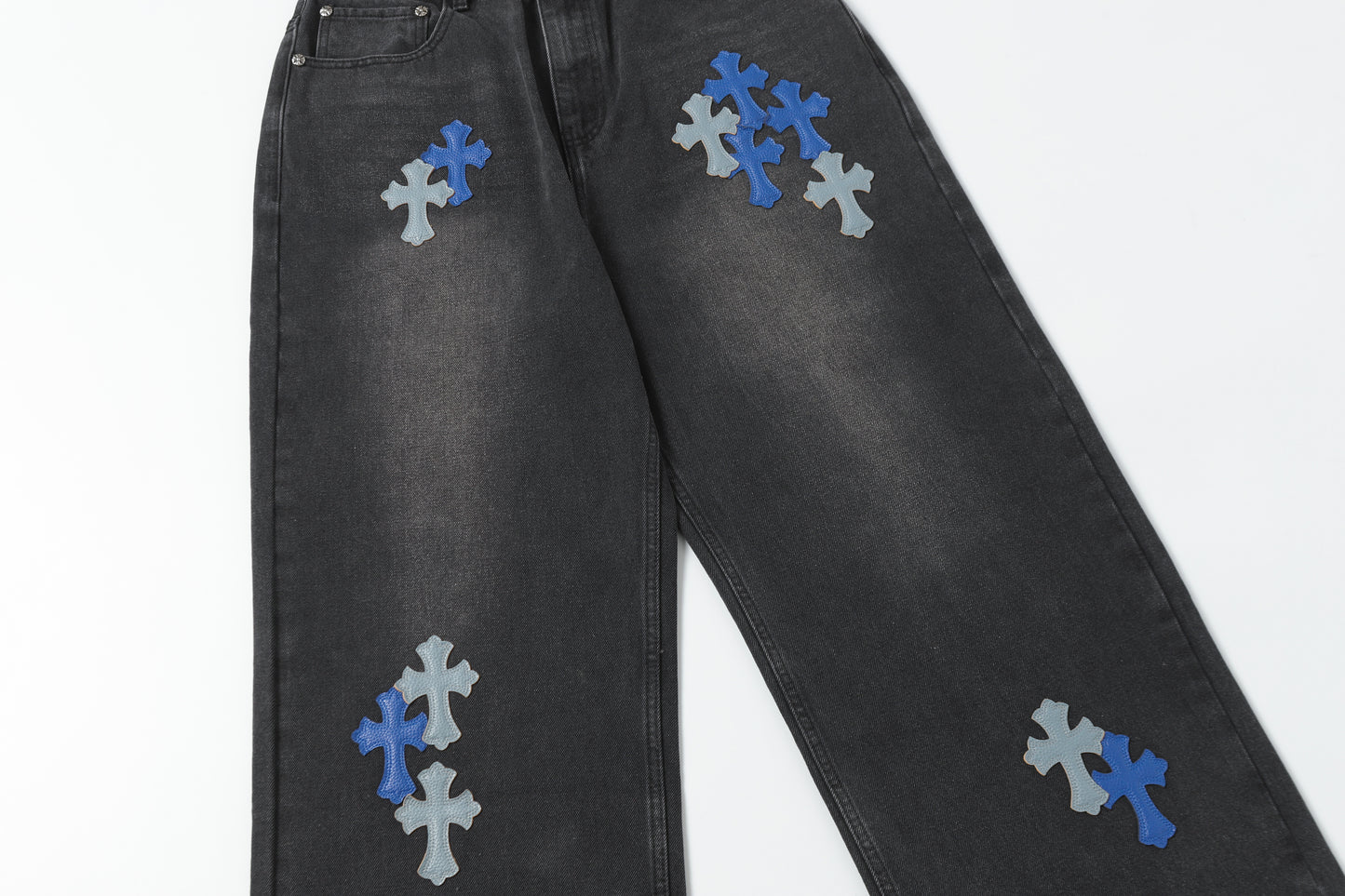 Chrome Hearts Grey & Blue Leather Cross Patches Jeans