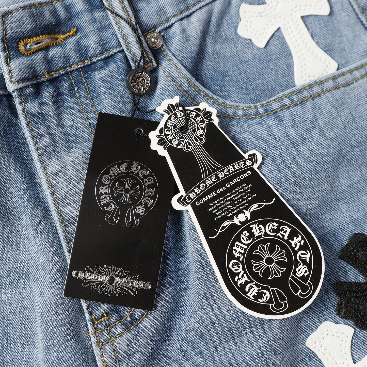 Chrome Hearts White & Black Cross Patch Jeans 9960