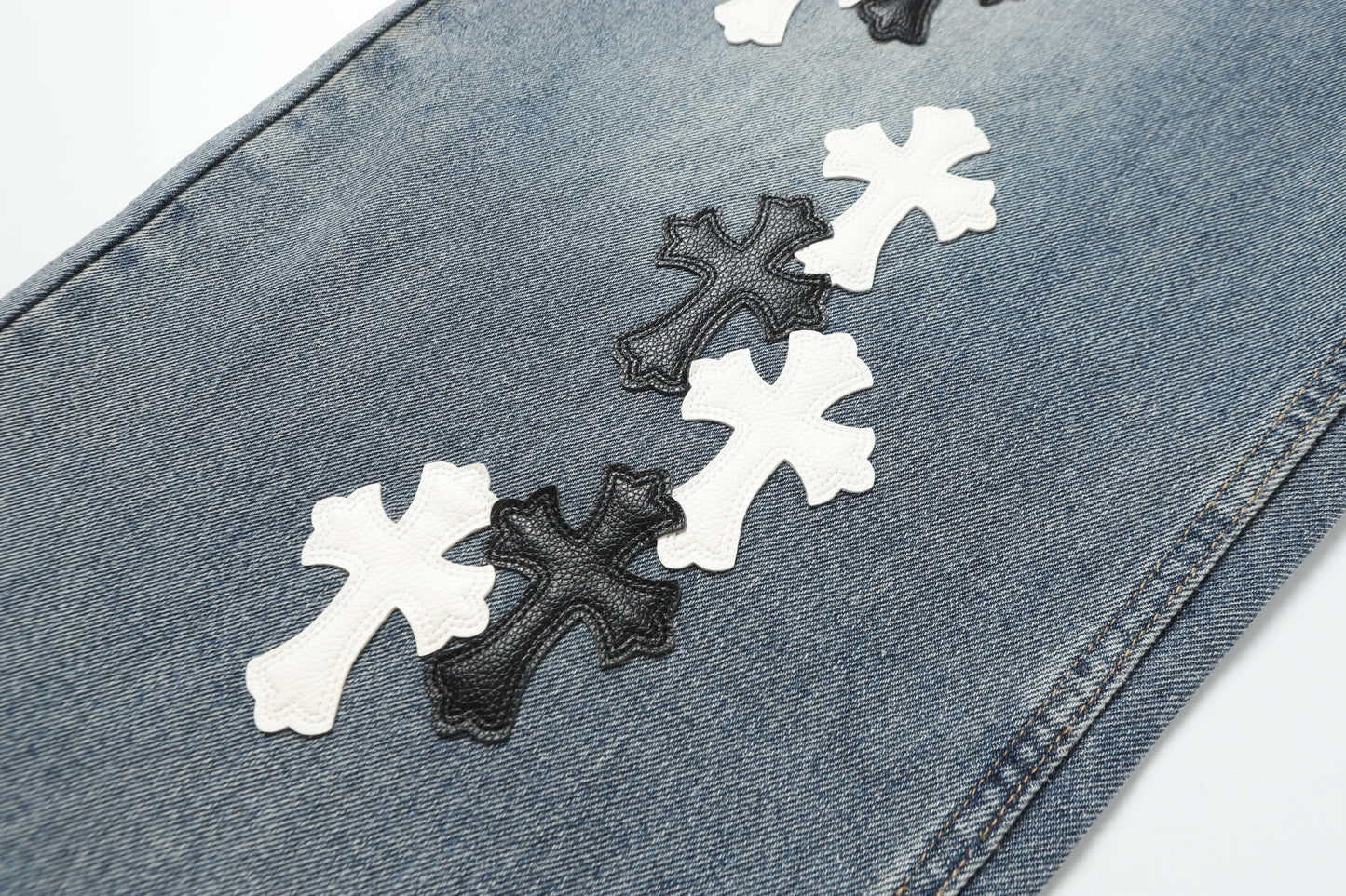 Chrome Hearts White & black Leather Cross Patches Jeans