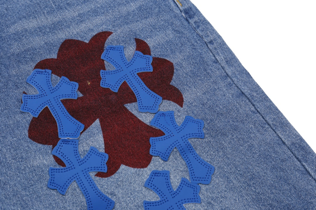 Chrome Hearts Extremely Rare Blue Cross Patch Spraypainted Jeans