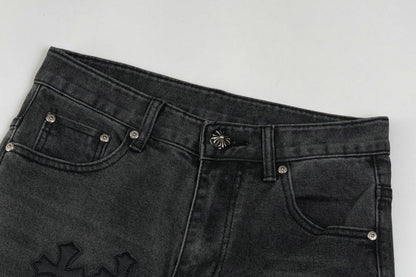 Chrome Hearts Black & White Cross Patch Flame Knee Jeans