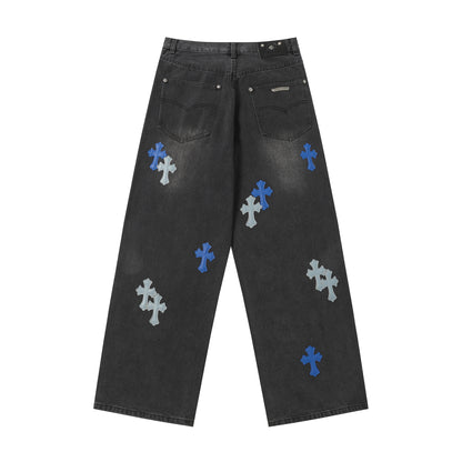 Chrome Hearts Grey & Blue Leather Cross Patches Jeans
