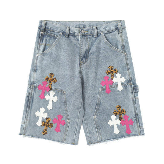 Chrome Hearts Vintage Cross Patchwork Washed Carpenter Denim Shorts 201