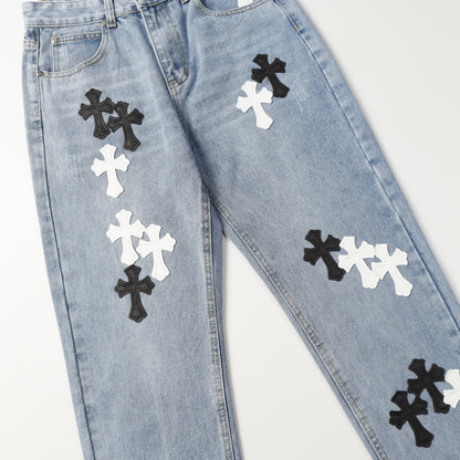 Chrome Hearts White & Black Cross Patch Jeans 9960