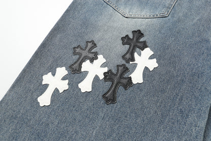 Chrome Hearts White & black Leather Cross Patches Jeans