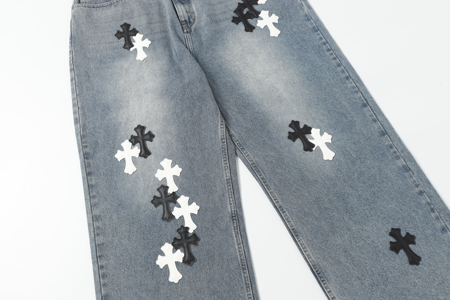 Chrome Hearts White & black Leather Cross Patches Jeans