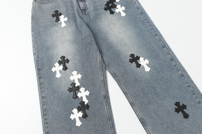 Chrome Hearts White & black Leather Cross Patches Jeans