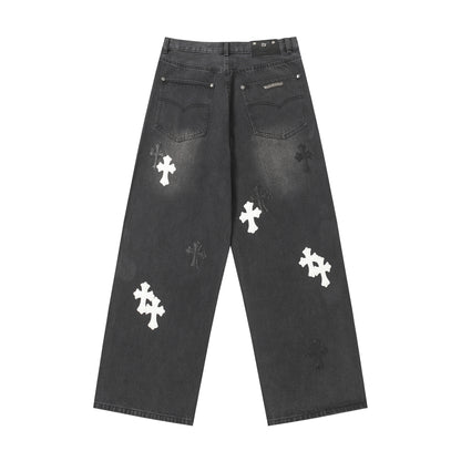 Chrome Hearts White & Black Leather Cross Patches Jeans