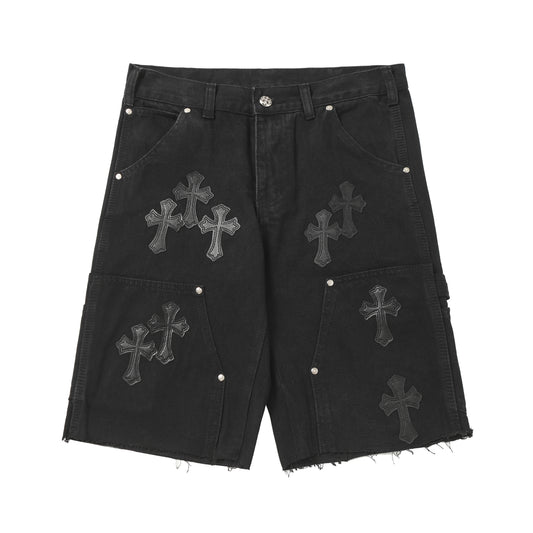 Chrome Hearts Vintage Cross Patchwork Washed Carpenter Denim Shorts 9902