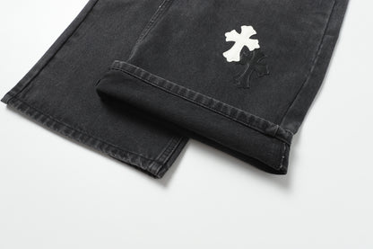 Chrome Hearts White & Black Leather Cross Patches Jeans