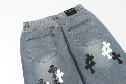 Chrome Hearts White & black Leather Cross Patches Jeans