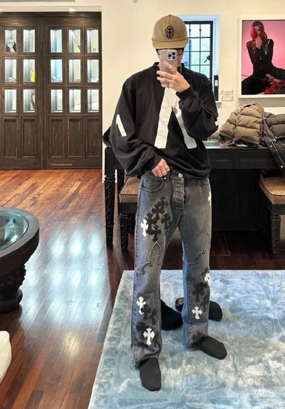 Chrome Hearts Black & White Cross Patch Flame Knee Jeans