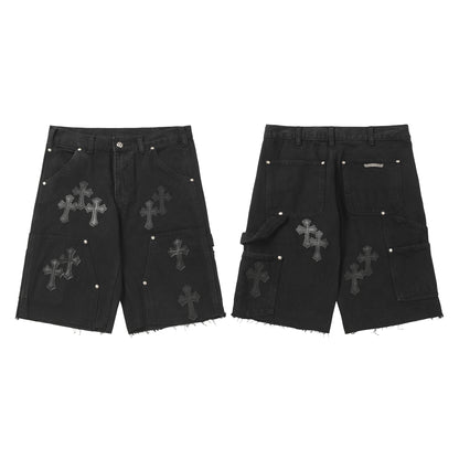 Chrome Hearts Vintage Cross Patchwork Washed Carpenter Denim Shorts 9902